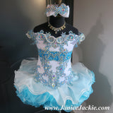 (#1234) Off shoulder flat glitz national pageant dress. (white + blue) / 3 ~ 4 weeks production (*Without necklace)