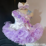 (#1241) One shoulder flared style glitz national pageant dress. (white + lavender) / 3 ~ 4 weeks production (*Without necklace)
