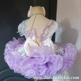 (#1241) One shoulder flared style glitz national pageant dress. (white + lavender) / 3 ~ 4 weeks production (*Without necklace)