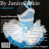 (#138) Jewel neck flat glitz pageant dress. (white blue)