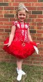 (#153) Off shoulder flat national pageant dress. (red) (*Without white color ARM ruffles)