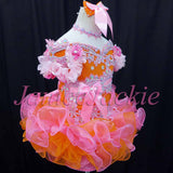 (#168) Off shoulder flat glitz pageant dress. (orange pink)