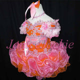 (#168) Off shoulder flat glitz pageant dress. (orange pink)
