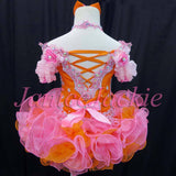 (#168) Off shoulder flat glitz pageant dress. (orange pink)