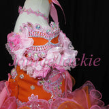 (#168) Off shoulder flat glitz pageant dress. (orange pink)