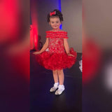 (#191) Off shoulder flat (High Glitz) national pageant dress. (red)