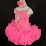 (#198) One side straps & one side off shoulder flat style glitz pageant dress. (neon pink)