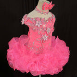 (#198) One side straps & one side off shoulder flat style glitz pageant dress. (neon pink)