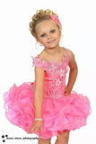 (#198) One side straps & one side off shoulder flat style glitz pageant dress. (neon pink)