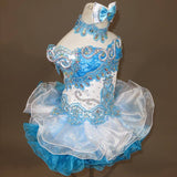 (#214) Off shoulder flat (High Glitz) national pageant dress. (white blue) (JaniceJackie)