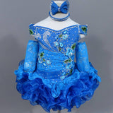 (#216) Off shoulder flat glitz pageant dress. (blue)