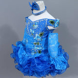 (#216) Off shoulder flat glitz pageant dress. (blue)