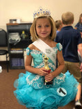 (#239) Off shoulder flare glitz national pageant dress. (sea green) not include necklace