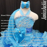 (#304) Jewel neck flat glitz pageant dress. (2 tone blue) (without detachable scarf) / 3 ~ 4 weeks production (no necklace)