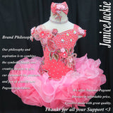 (#327) Off shoulder flat glitz pageant dress. (coral and pink) (not inclede necklace)