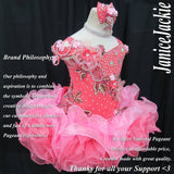 (#327) Off shoulder flat glitz pageant dress. (coral and pink) (not inclede necklace)