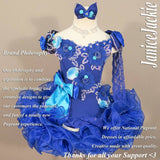 (#330) Off shoulder flare glitz pageant dress. (blue) (without detachable scarf & necklace)
