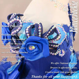 (#330) Off shoulder flare glitz pageant dress. (blue) (without detachable scarf & necklace)