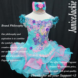 (#352) Off shoulder flare glitz pageant dress. (teal, pink, purple) (without necklace)