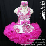 (#358) Halter flare glitz national pageant dress. (white fuchsia) (*Without necklace)