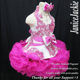 (#358) Halter flare glitz national pageant dress. (white fuchsia) (*Without necklace)