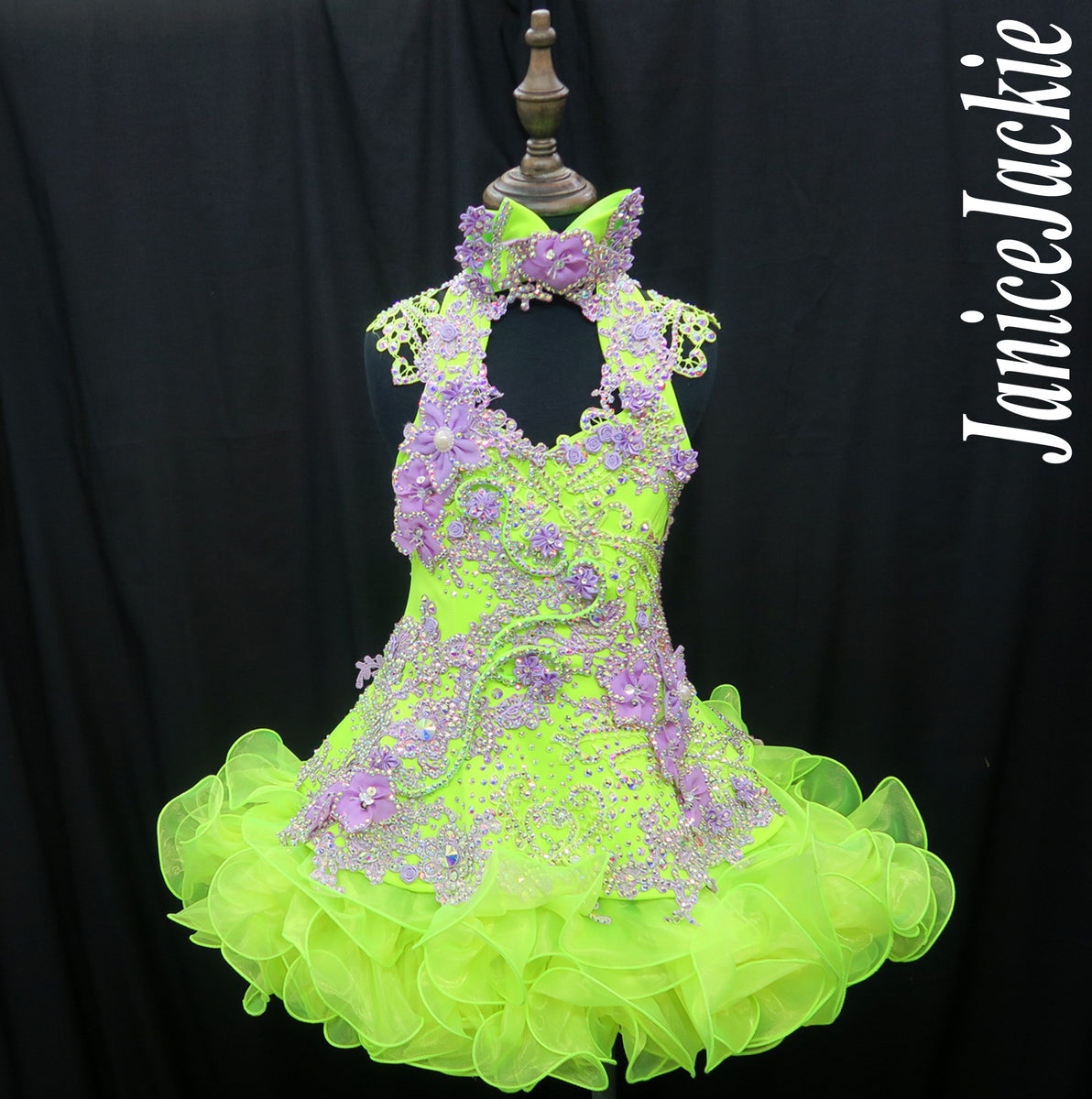 DRESS EXAMPLE) Halter flared mega glitz national pageant dress. (lime janicejackie DRESS EXAMPLE) Halter flared mega glitz national pageant dress. (lime janicejackie