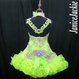 (DRESS EXAMPLE) Halter flared mega glitz national pageant dress. (lime green with lavender) (item: OnlyOne-031) not include necklace
