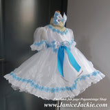(#1303) Sleeve lace baby doll natural (no stones/low stones) pageant dress (white + blue trimming) / 3~4 weeks production (*Without necklace)