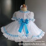 (#1303) Sleeve lace baby doll natural (no stones/low stones) pageant dress (white + blue trimming) / 3~4 weeks production (*Without necklace)