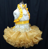(#176A) halter flat glitz pageant dress. (gold yellow)