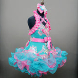 (DRESS EXAMPLE) Halter flared mega glitz national pageant dress. (teal green with flamingo pink) (item: OnlyOne-029)