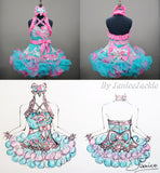 (DRESS EXAMPLE) Halter flared mega glitz national pageant dress. (teal green with flamingo pink) (item: OnlyOne-029)
