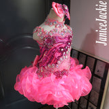 (DRESS EXAMPLE) Straps flat glitz national pageant dress. (neon pink with berry) (item: OnlyOne-028) include choker