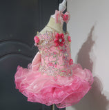 (#1129) Off shoulder flat style high glitz national pageant dress. (light pink) / 3 ~ 4 weeks production (no necklace).