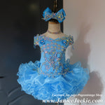 (#1329) Off shoulder flat style high glitz national pageant dress. (light blue) / 3 ~ 4 weeks production (no necklace).