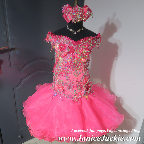 (#1336) Off shoulder flat MEGA GLITZ national pageant dress. (neon pink) / 3 ~ 4 weeks production (no necklace) ONE OF A KIND DESIGN