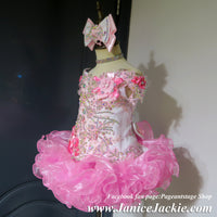 (#1340) Off shoulder flat style high glitz national pageant dress. (light pink) / 3 ~ 4 weeks production (no necklace).