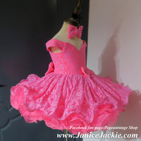 (#1344) Off shoulder flat style drop waist ONE PIECE babydoll pageant dress. (neon pink) / 3 ~ 4 weeks production (no necklace).