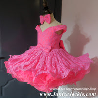 (#1344) Off shoulder flat style drop waist ONE PIECE babydoll pageant dress. (neon pink) / 3 ~ 4 weeks production (no necklace).