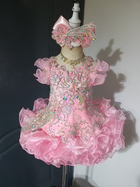 (#1347) Off shoulder flared straps style glitz national pageant dress. (pink) / 3 ~ 4 weeks production (*Without necklace)ONE OF A KIND DESIGN DRESS