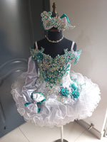 (#1364) Off shoulder straps flared MEGA GLITZ national pageant dress. (sliver+turquoise) / 3 ~ 4 weeks production (no necklace) ONE OF A KIND DESIGN