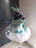 (#1364) Off shoulder straps flared MEGA GLITZ national pageant dress. (sliver+turquoise) / 3 ~ 4 weeks production (no necklace) ONE OF A KIND DESIGN