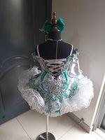 (#1364) Off shoulder straps flared MEGA GLITZ national pageant dress. (sliver+turquoise) / 3 ~ 4 weeks production (no necklace) ONE OF A KIND DESIGN