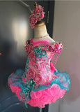 (DRESS EXAMPLE) (#1371) Off shoulder flat MEGA glitz national pageant dress. (neon pink tael green) / 4 ~ 6 weeks production (*Without necklace)