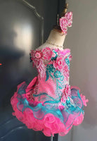 (DRESS EXAMPLE) (#1371) Off shoulder flat MEGA glitz national pageant dress. (neon pink tael green) / 4 ~ 6 weeks production (*Without necklace)