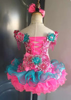 (DRESS EXAMPLE) (#1371) Off shoulder flat MEGA glitz national pageant dress. (neon pink tael green) / 4 ~ 6 weeks production (*Without necklace)