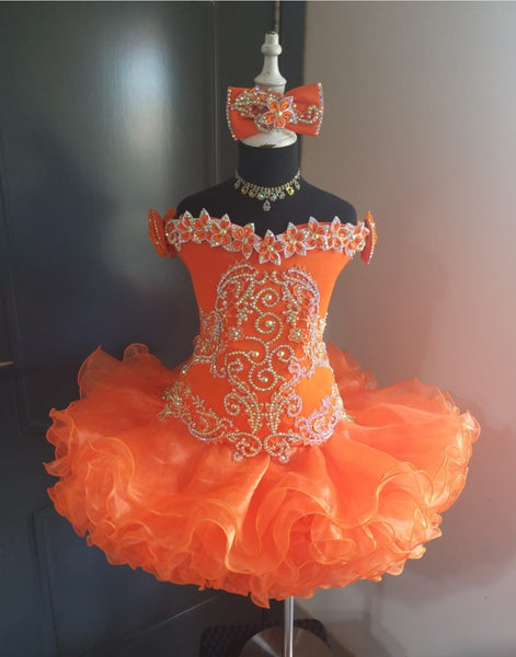 (#1379) Off shoulder flat style high glitz national pageant dress. (orange) / 3 ~ 4 weeks production (no necklace)
