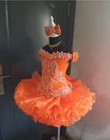 (#1379) Off shoulder flat style high glitz national pageant dress. (orange) / 3 ~ 4 weeks production (no necklace)