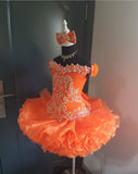 (#1379) Off shoulder flat style high glitz national pageant dress. (orange) / 3 ~ 4 weeks production (no necklace)