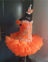 (#1379) Off shoulder flat style high glitz national pageant dress. (orange) / 3 ~ 4 weeks production (no necklace)